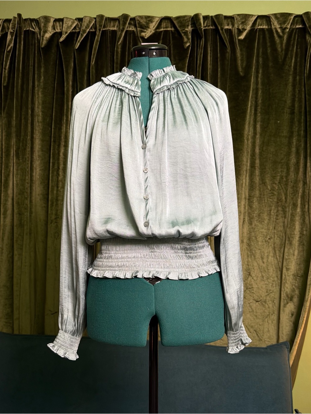 Elie Tahari baby blue Satin Ruffle-Neck Smocked Blouse